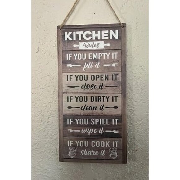 New Hanging Kitchen Rules Wood Decor Sign, Rustic Kitchen Wooden Signs, Printed - Picture 1 of 1
